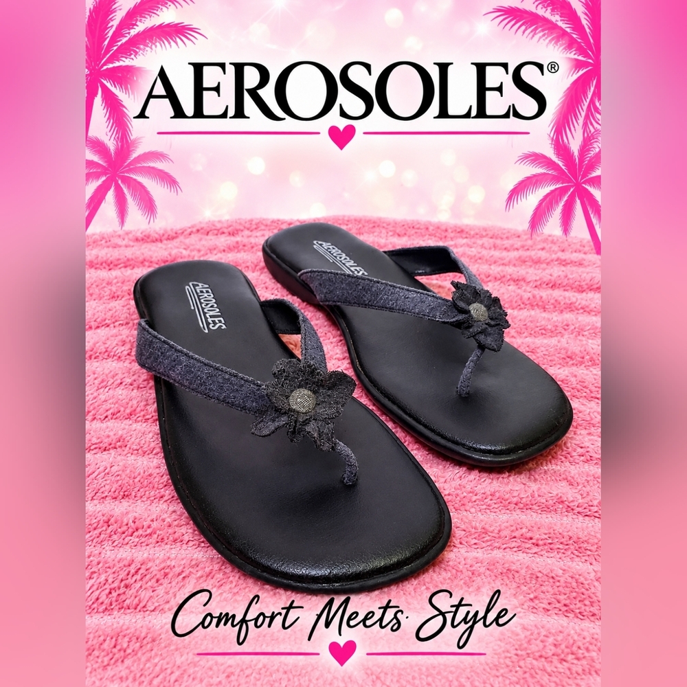 Aerosoles Black Floral Wedge Platform Distressed Thong Sandals